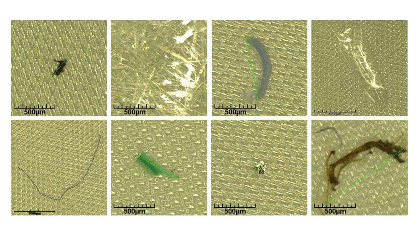 Lichtmikroskopische Bilder von verschiedenen Partikelarten die auf der Polymerfolie gefunden wurden